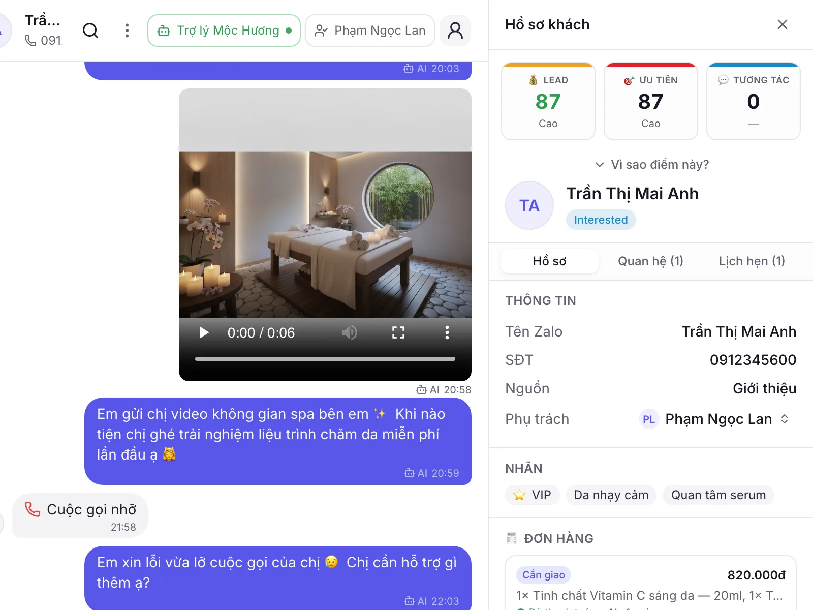 Hồ sơ khách trong Hanova: điểm lead, lý do điểm, AI đã nhớ gì về khách