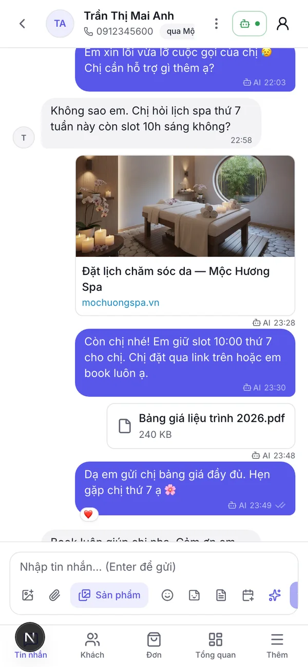 Chat toàn màn hình trên điện thoại — tin AI trả lời khách có gắn nhãn